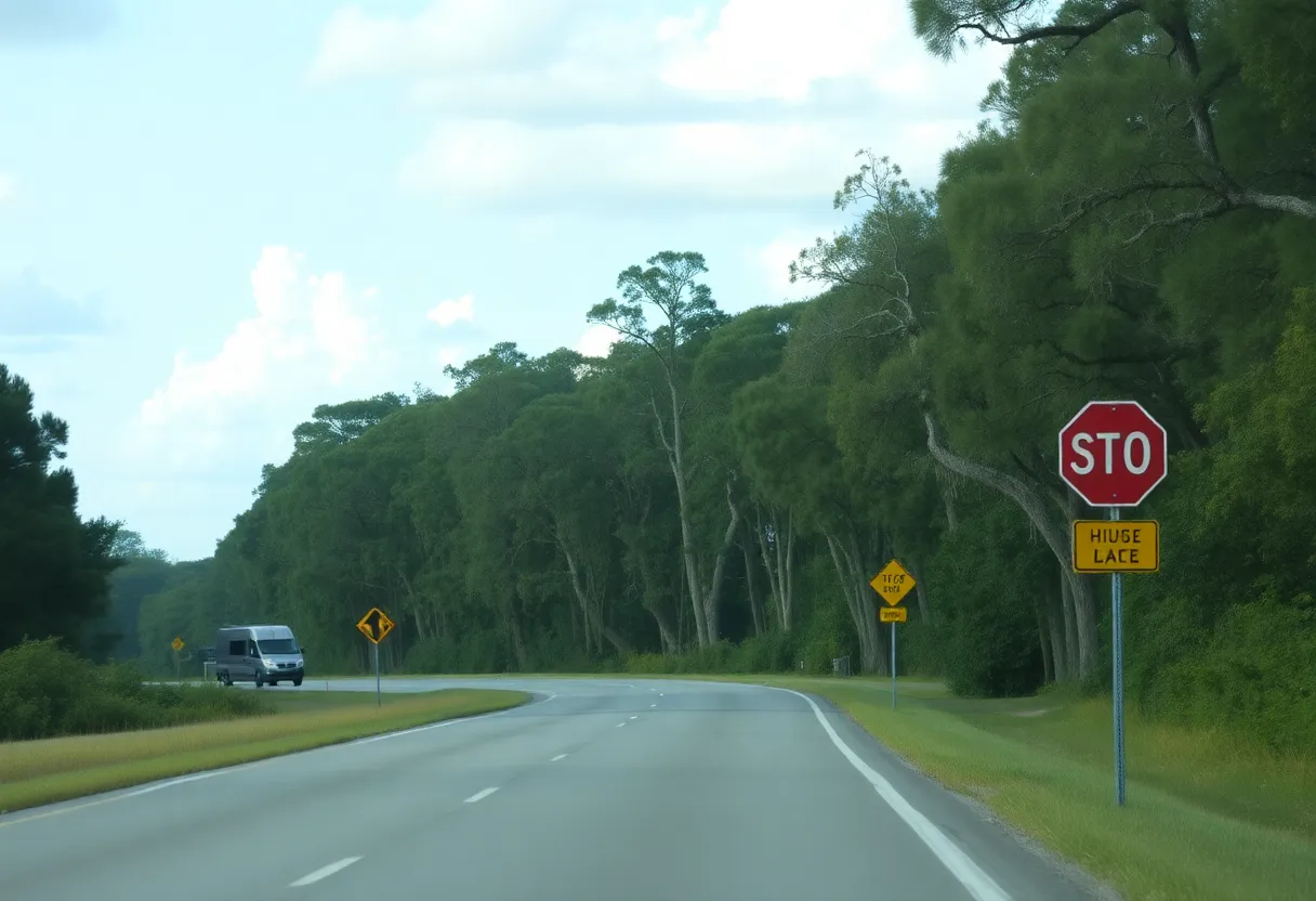 Traffic safety sign on a rural road in Miccosukee, Florida.