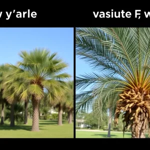 Healthy and infested palm trees side by side in North Florida