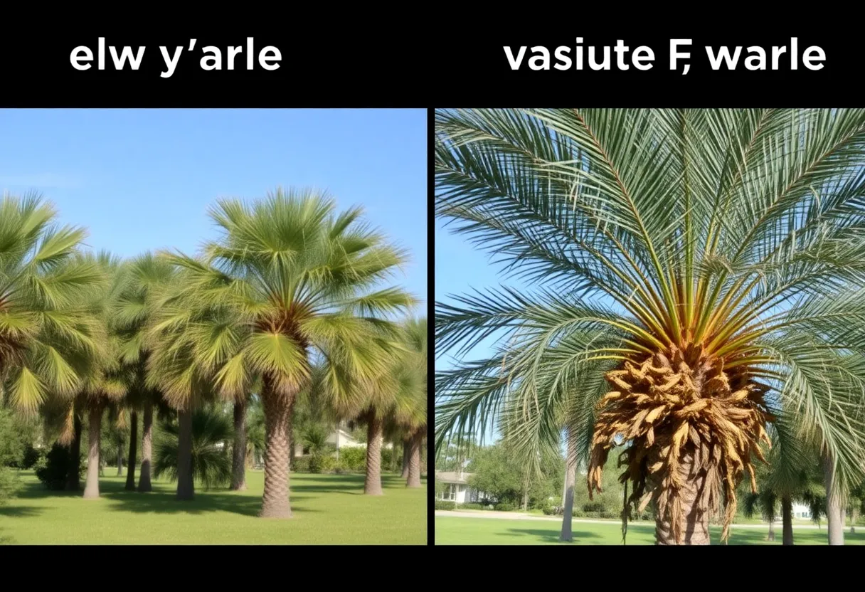 Healthy and infested palm trees side by side in North Florida