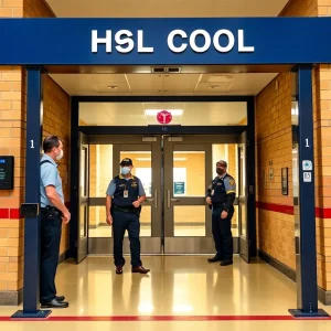 High school entrance featuring metal detectors for enhanced security.