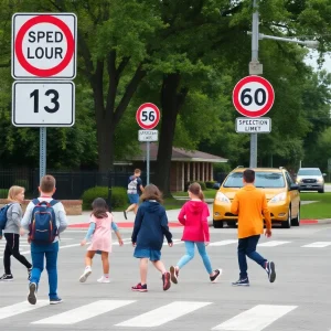 Children crossing the street in a school zone under the supervision of a crossing guard with a speed detection camera visible.