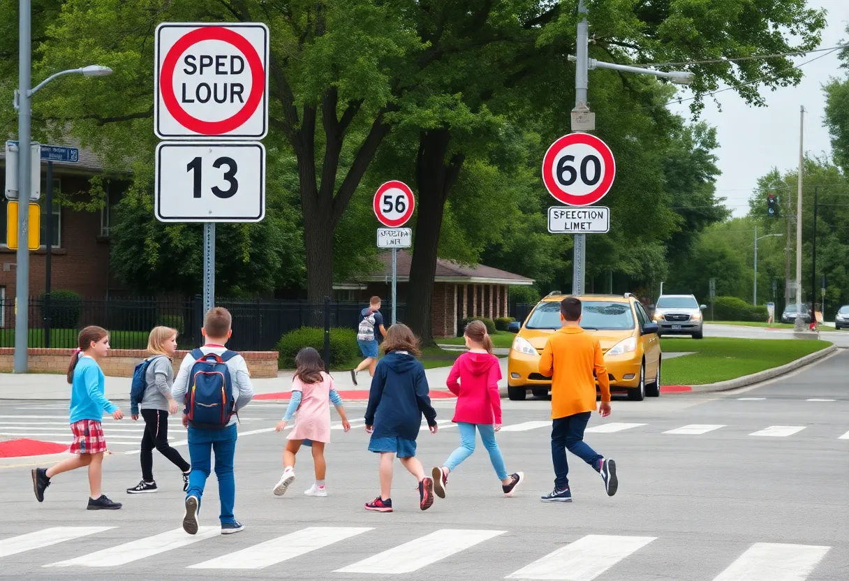 Children crossing the street in a school zone under the supervision of a crossing guard with a speed detection camera visible.