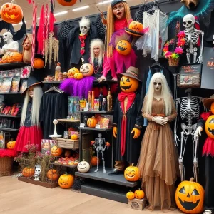 Display of various Halloween costumes and decorations at Spirit Halloween store