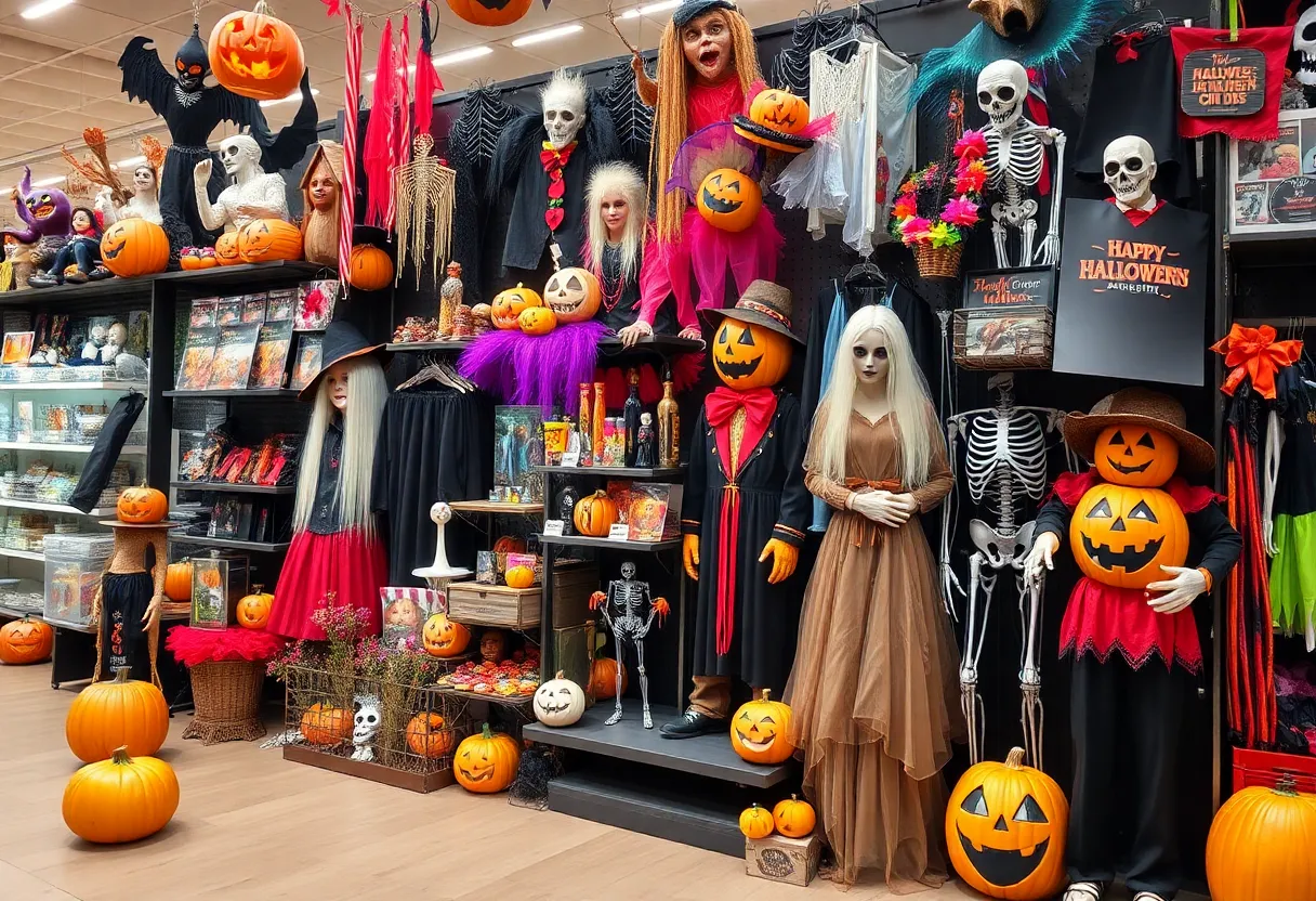 Display of various Halloween costumes and decorations at Spirit Halloween store
