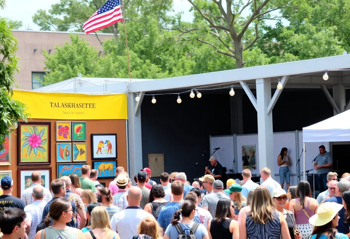 Crowd enjoying various events in Tallahassee, showcasing art and music.
