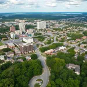 Aerial view of Tallahassee, Florida depicting the urban landscape mixed with residential neighborhoods.