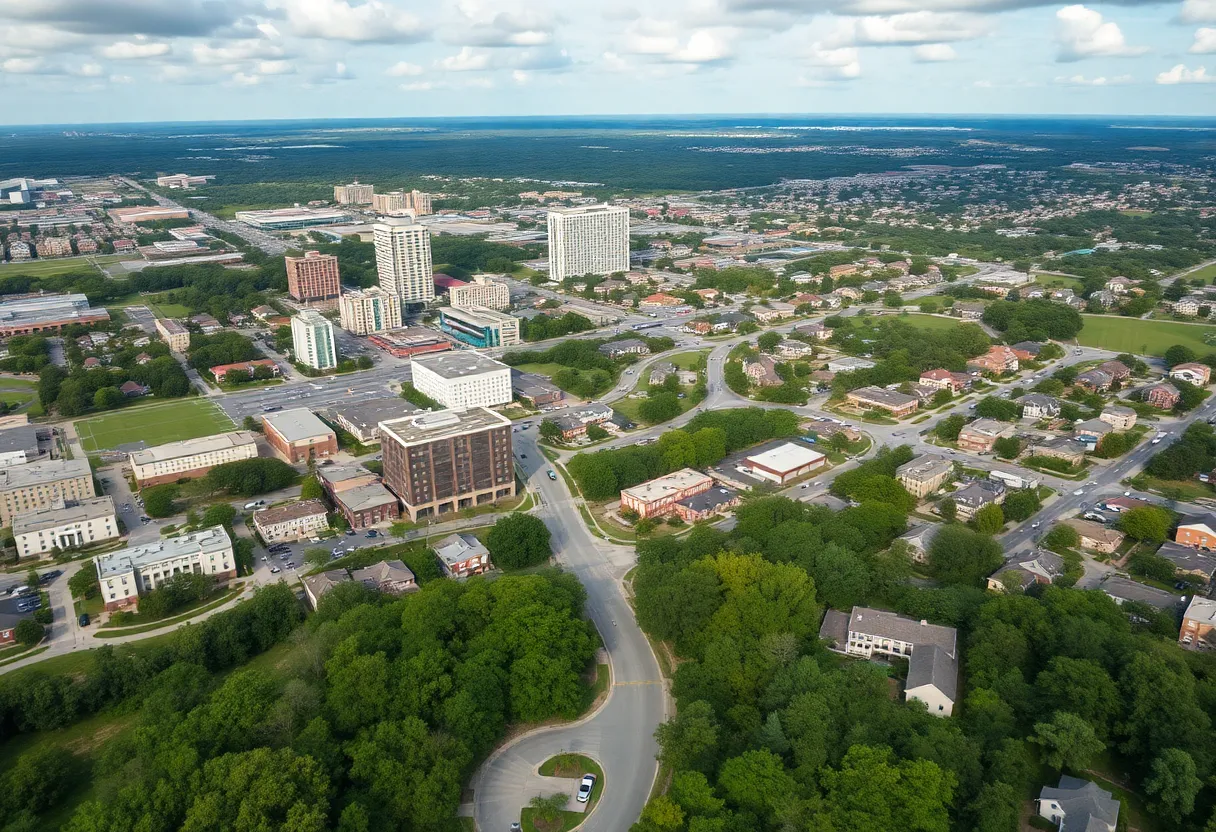 Aerial view of Tallahassee, Florida depicting the urban landscape mixed with residential neighborhoods.