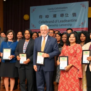 Community leaders celebrating at an awards ceremony