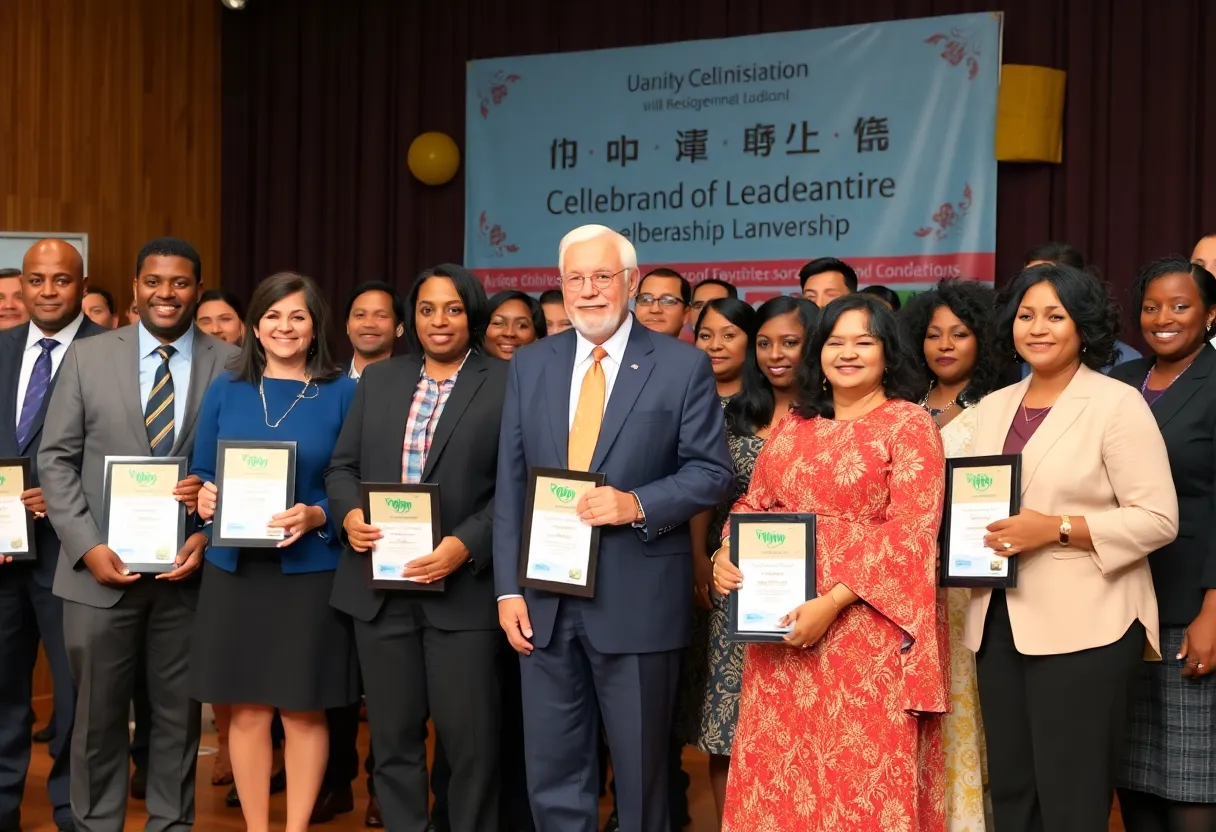 Community leaders celebrating at an awards ceremony