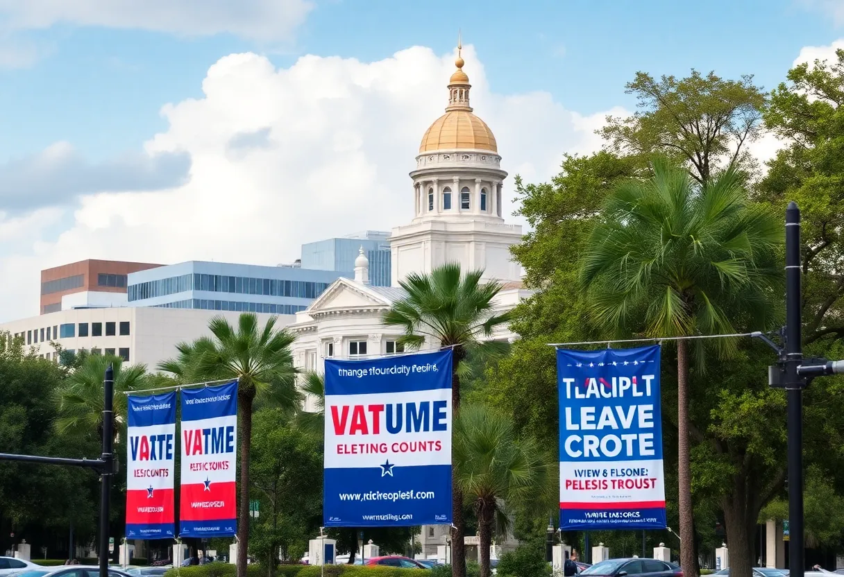 Cityscape of Tallahassee during election season with candidate banners