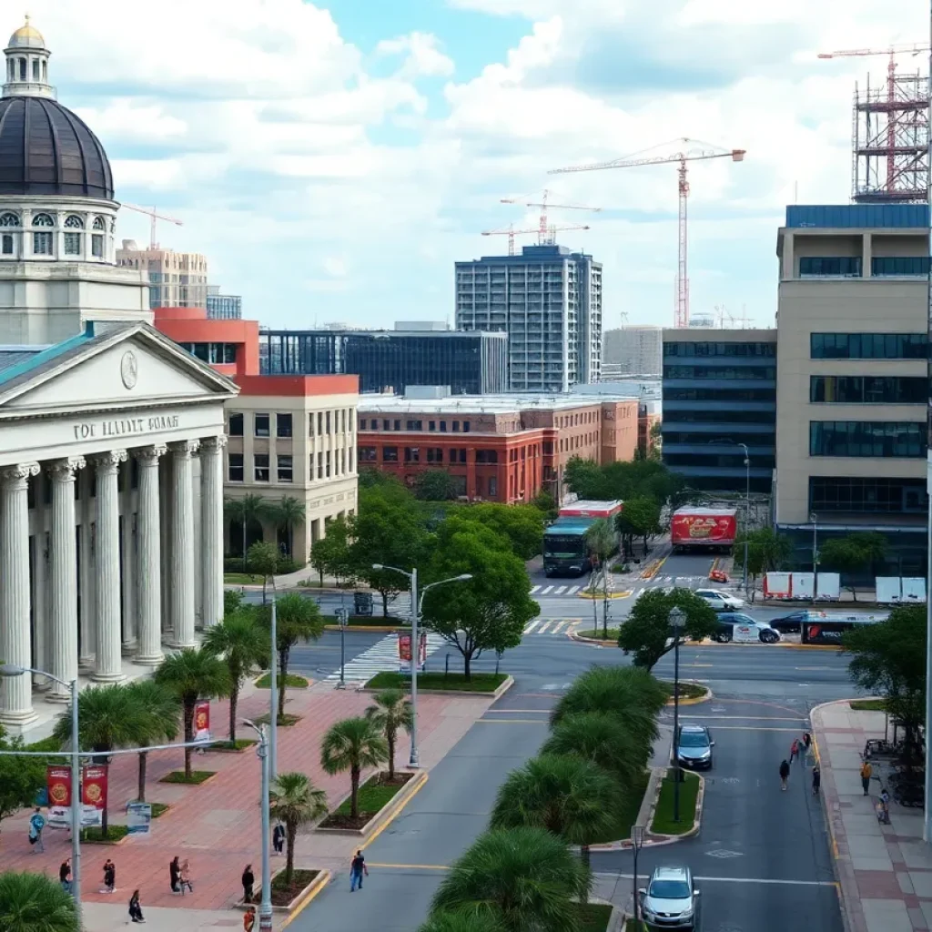 View of Tallahassee with government buildings marked for sale and ongoing construction activities.