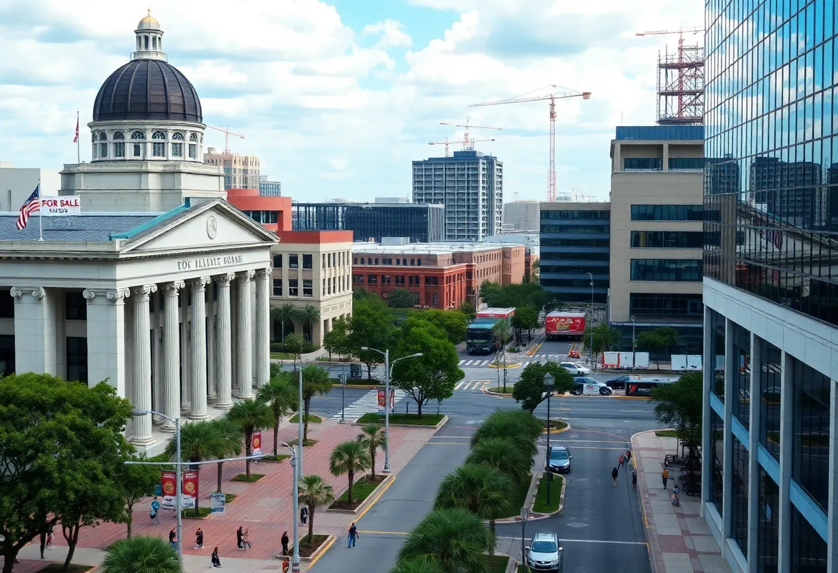 View of Tallahassee with government buildings marked for sale and ongoing construction activities.