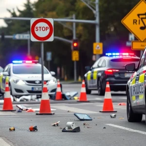 Scene of a traffic crash involving a police officer's vehicle.