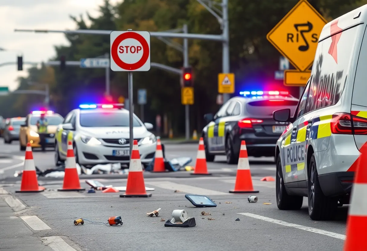 Scene of a traffic crash involving a police officer's vehicle.