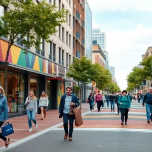 Pedestrians and cyclists navigating a safe urban environment with street art