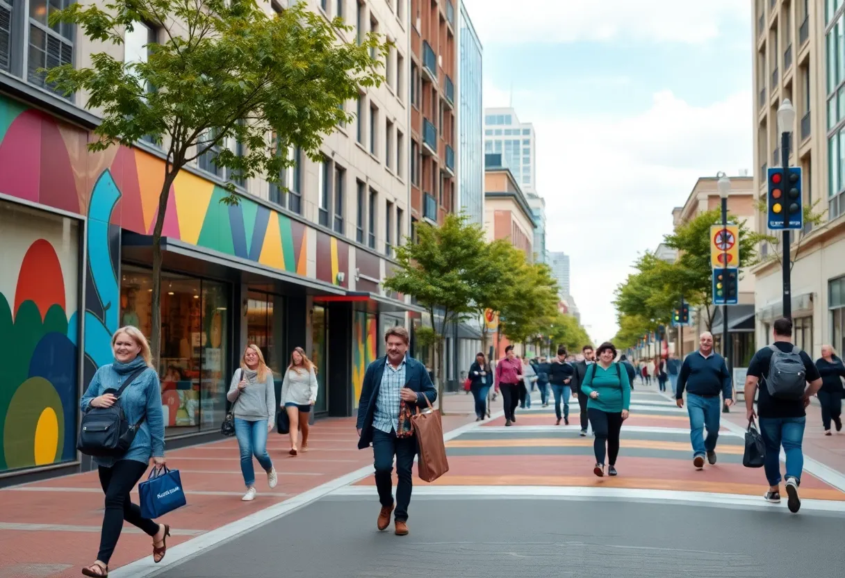 Pedestrians and cyclists navigating a safe urban environment with street art