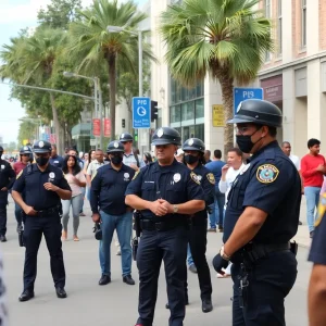 A police officer speaking with residents in Tallahassee about crime safety.