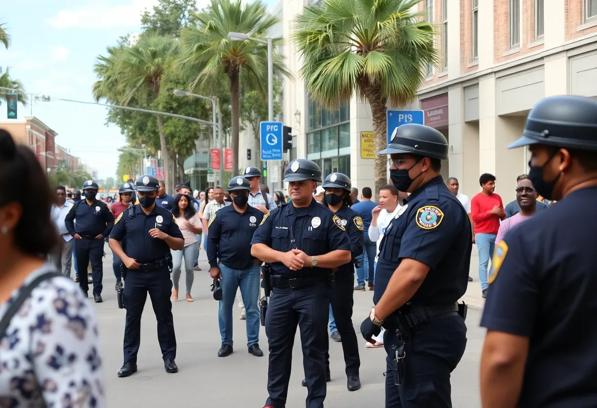A police officer speaking with residents in Tallahassee about crime safety.