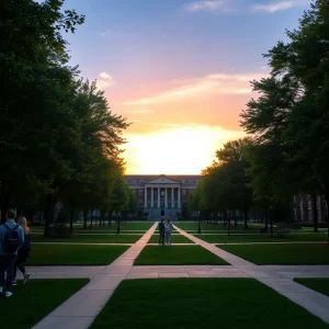 A peaceful university campus showcasing trees and buildings.