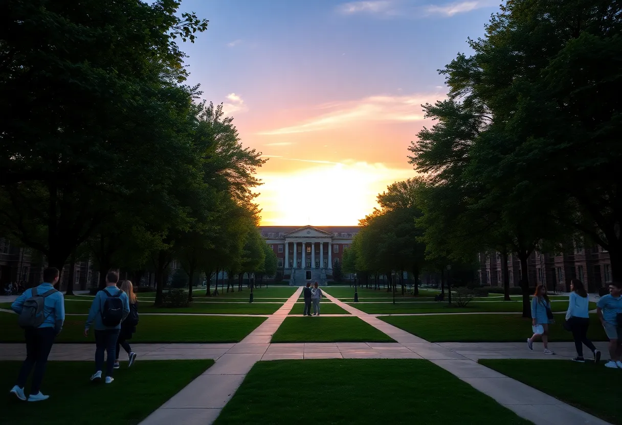 A peaceful university campus showcasing trees and buildings.