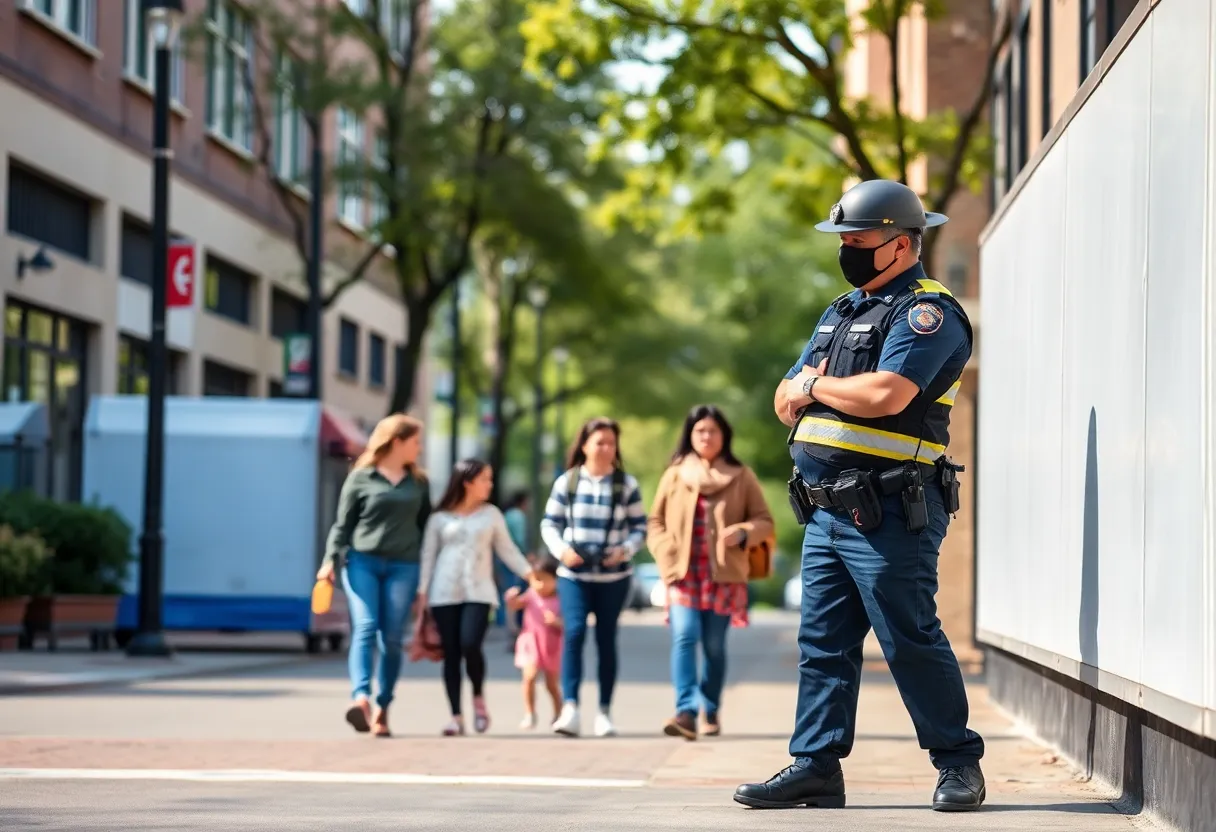 An illustration of a safe urban community showing families and police presence.