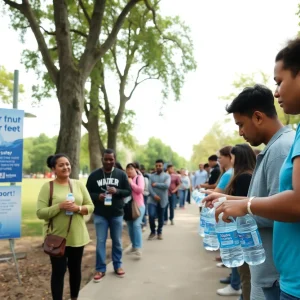 Community members line up at a park for free bottled water distribution during a boil water notice.