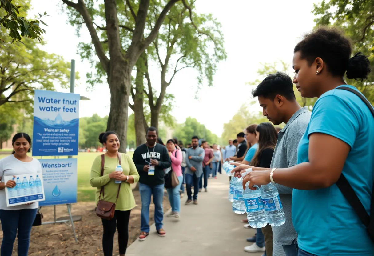 Community members line up at a park for free bottled water distribution during a boil water notice.