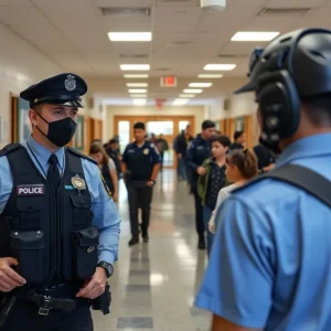 A school environment highlighting safety measures with students and security personnel.