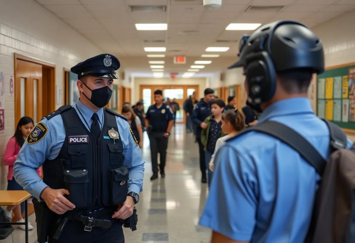 A school environment highlighting safety measures with students and security personnel.