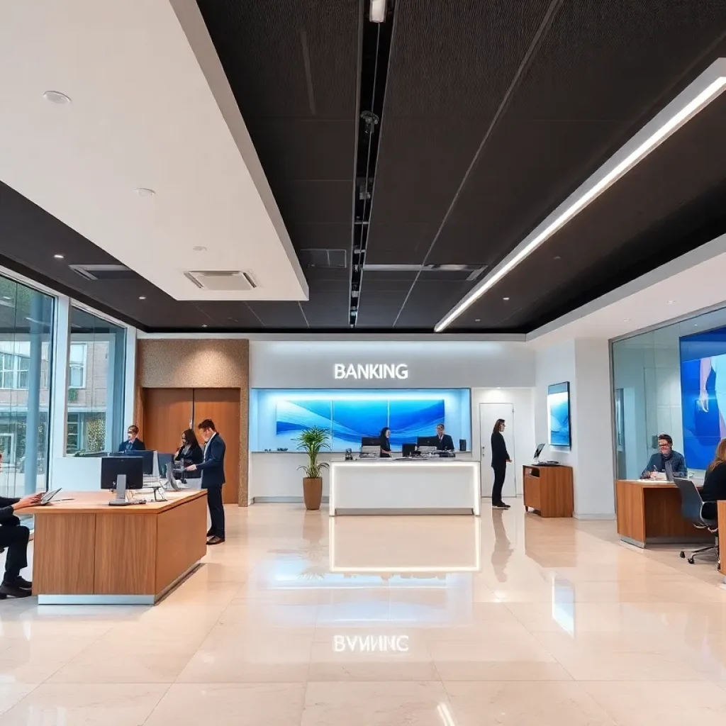 Interior of a modern banking office with employees assisting clients.