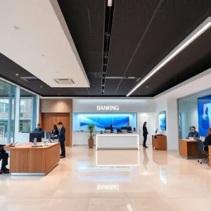 Interior of a modern banking office with employees assisting clients.