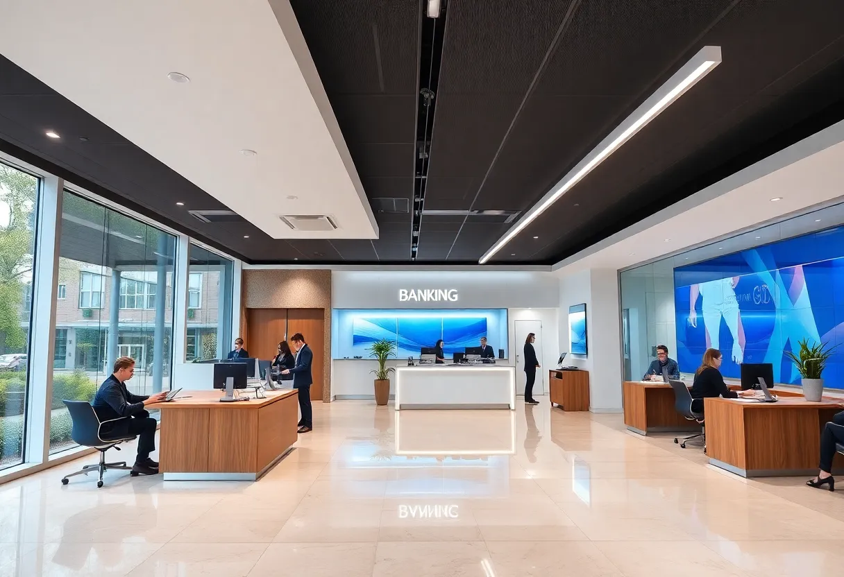 Interior of a modern banking office with employees assisting clients.