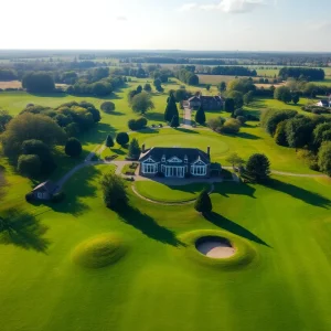 Aerial view of Capital City Country Club with golf course and clubhouse