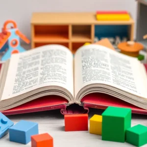 An open book with children's toys, representing the joy of learning