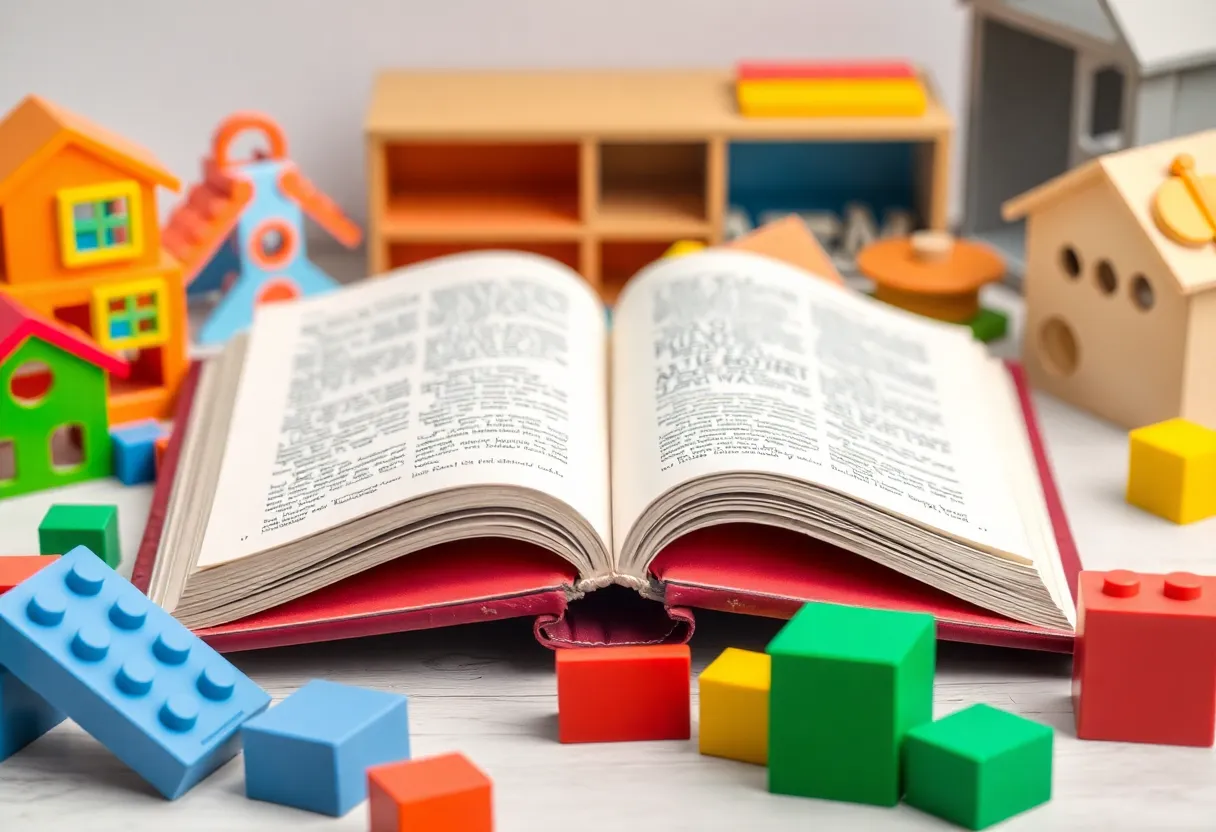An open book with children's toys, representing the joy of learning