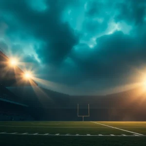 A football field with a dramatic atmosphere symbolizing ambition and horror.