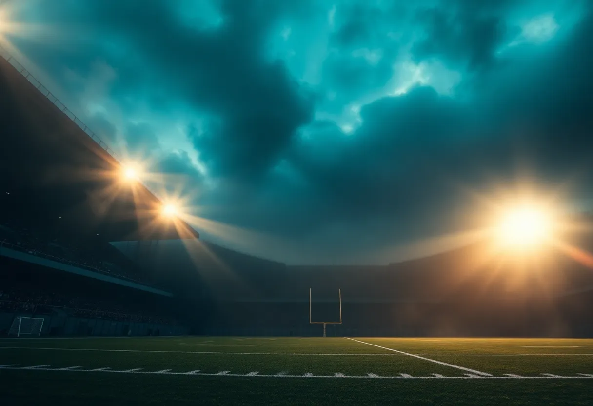 A football field with a dramatic atmosphere symbolizing ambition and horror.