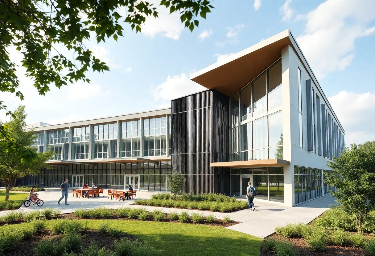 Conceptual design of a modern high school featuring classrooms and green spaces.