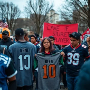 Supportive community gathering with football jerseys and banners.