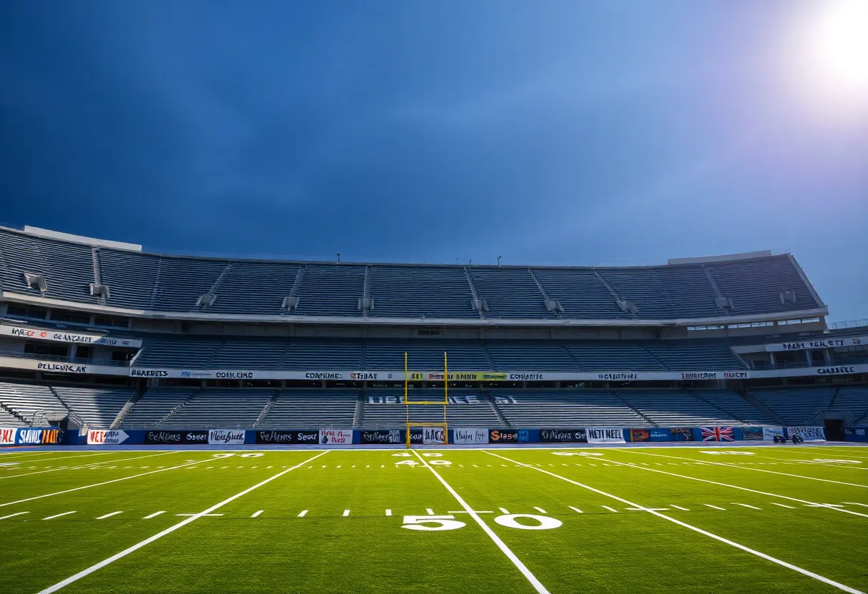 Empty football field with community support messages