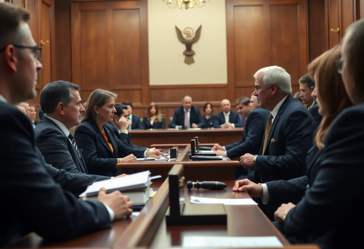 A courtroom scene depicting a tense legal battle