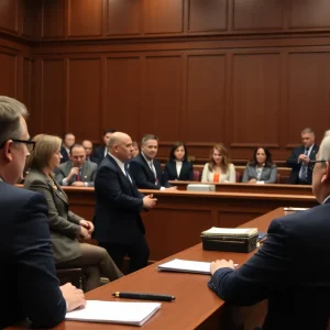 A courtroom during a high-profile murder trial
