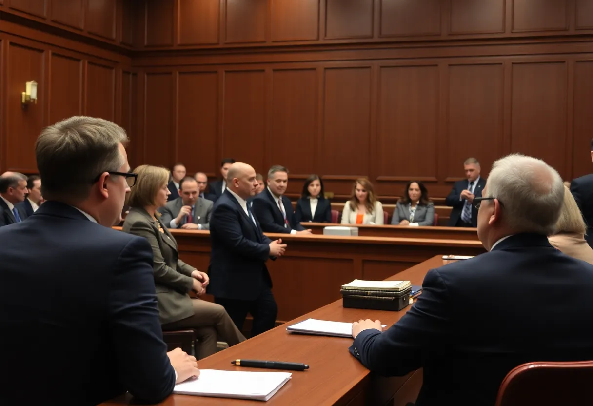 A courtroom during a high-profile murder trial