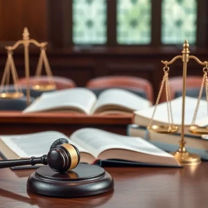 A courtroom with legal symbols representing murder trials.