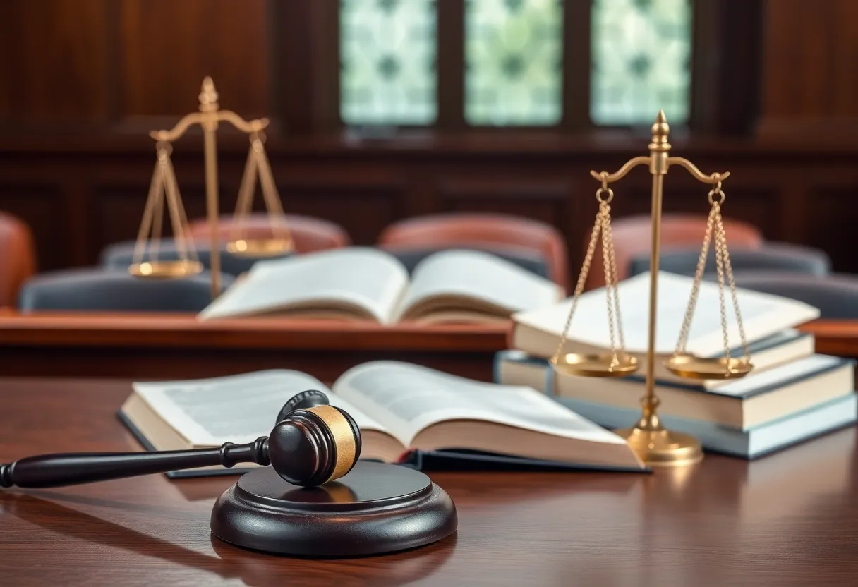 A courtroom with legal symbols representing murder trials.