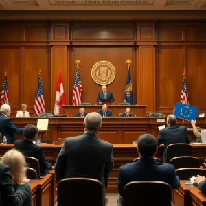 Judges in a courtroom discussing a signature collection law