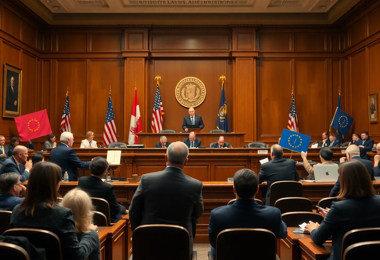 Judges in a courtroom discussing a signature collection law
