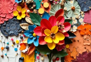 Abstract mixed media artwork featuring vibrant colors and recycled materials representing Hispanic culture