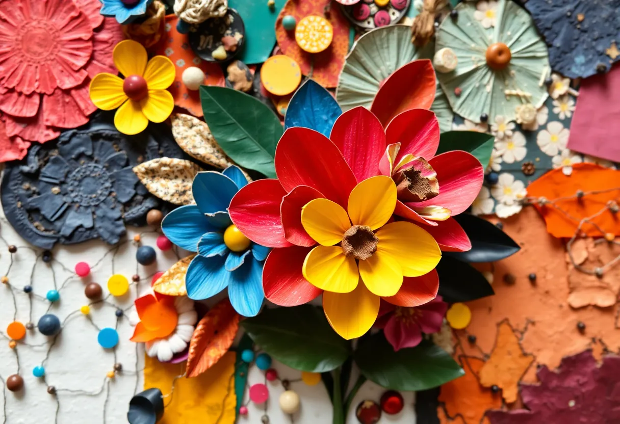 Abstract mixed media artwork featuring vibrant colors and recycled materials representing Hispanic culture