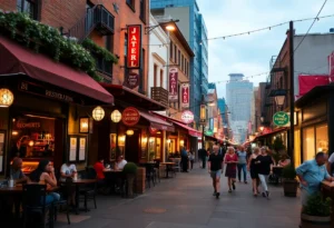 A lively downtown scene in Tallahassee featuring bustling restaurants and nightlife.